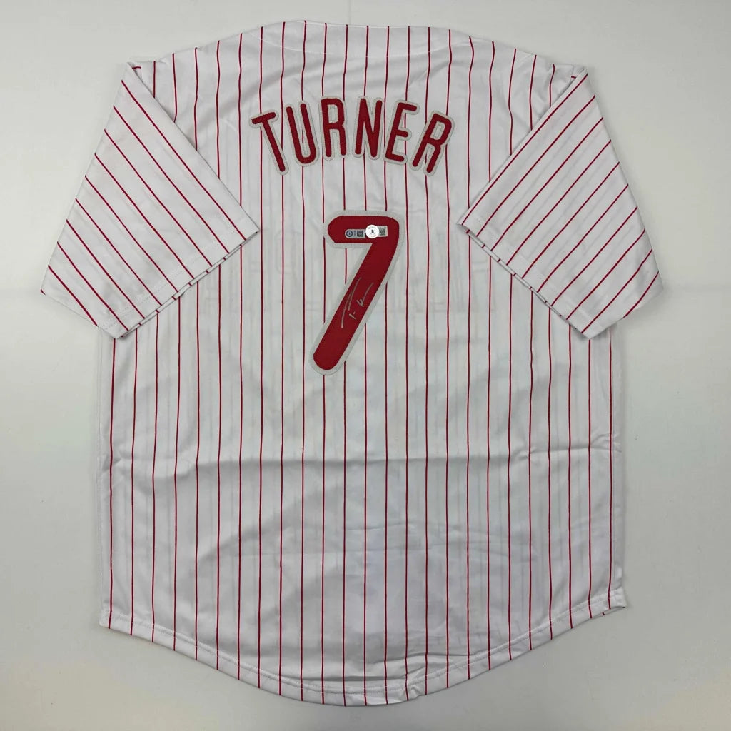 White custom jersey with red pinstripes, Turner 7 autograph, perfect for sports fans