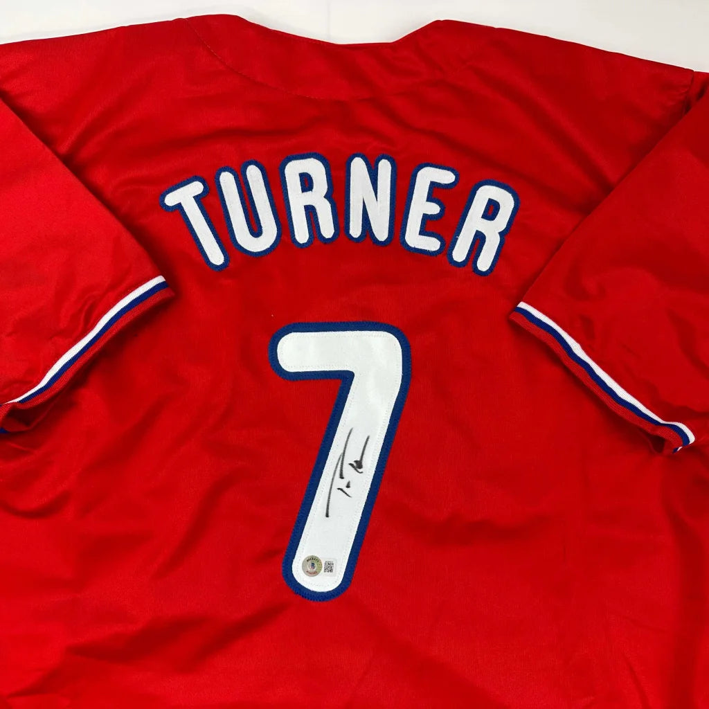 Autographed Trea Turner Philadelphia Red Baseball Jersey Beckett BAS COA | Certified Authentic Signed Memorabilia | vintageantiquesgifts.com