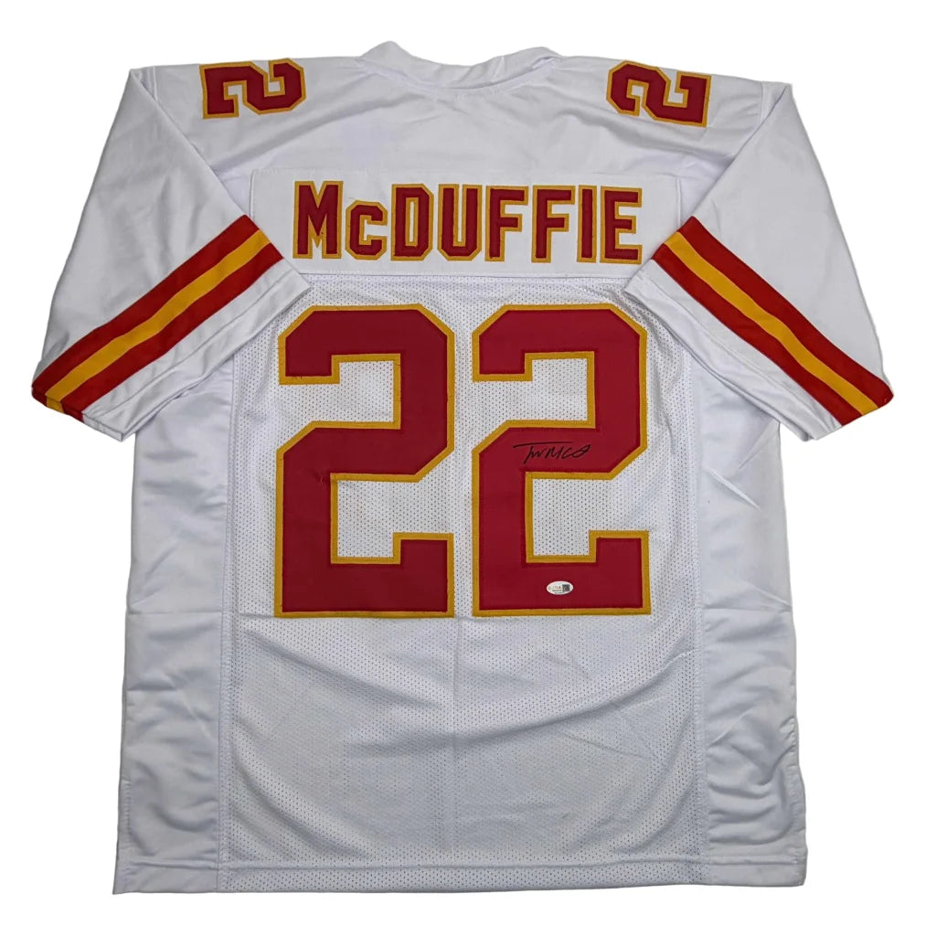 Autographed/Signed Trent McDuffie Kansas City White Football Jersey JSA COA