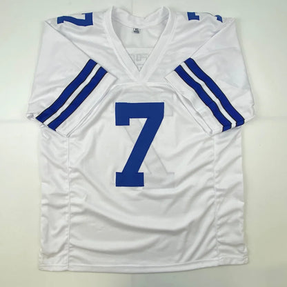 White custom jersey from Professional Sports League with blue number 7 and arm stripes