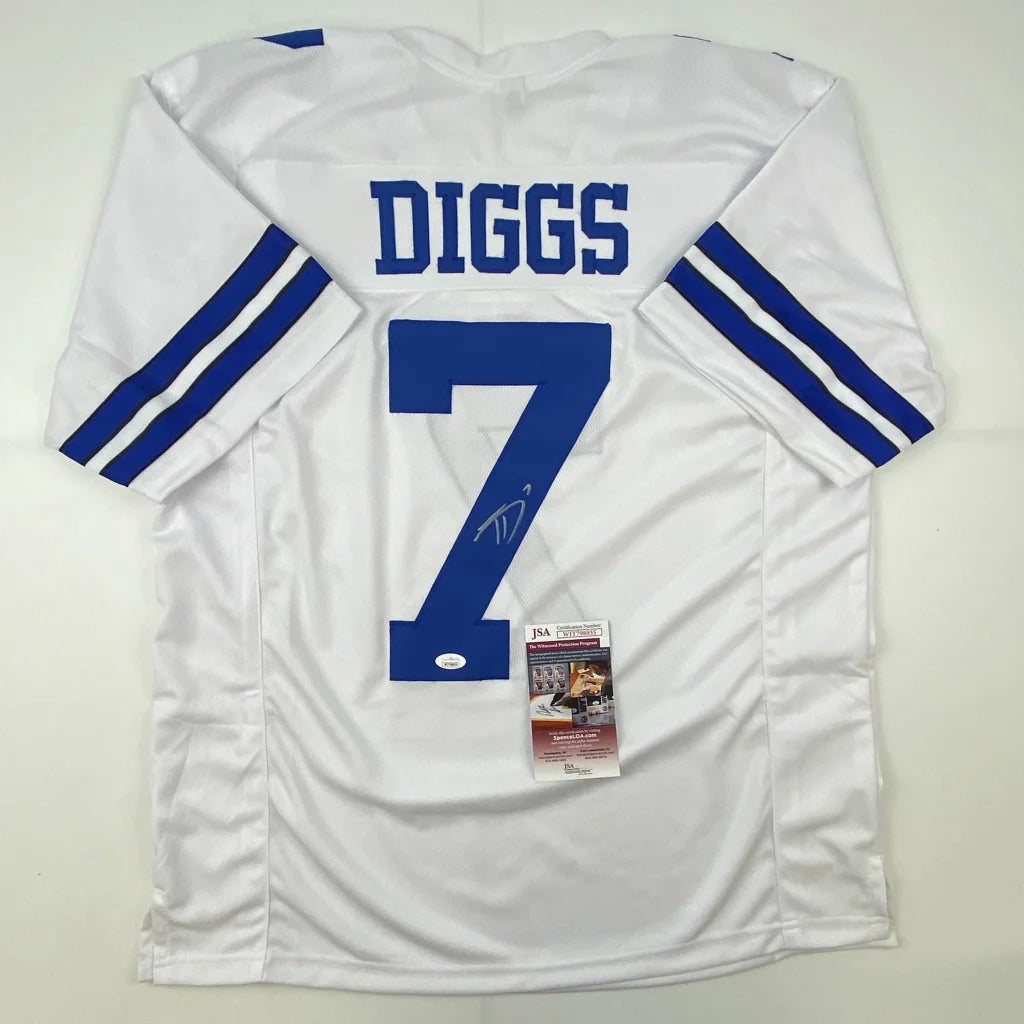 White Dallas Cowboys custom jersey with DIGGS number 7 autograph and authentication tag
