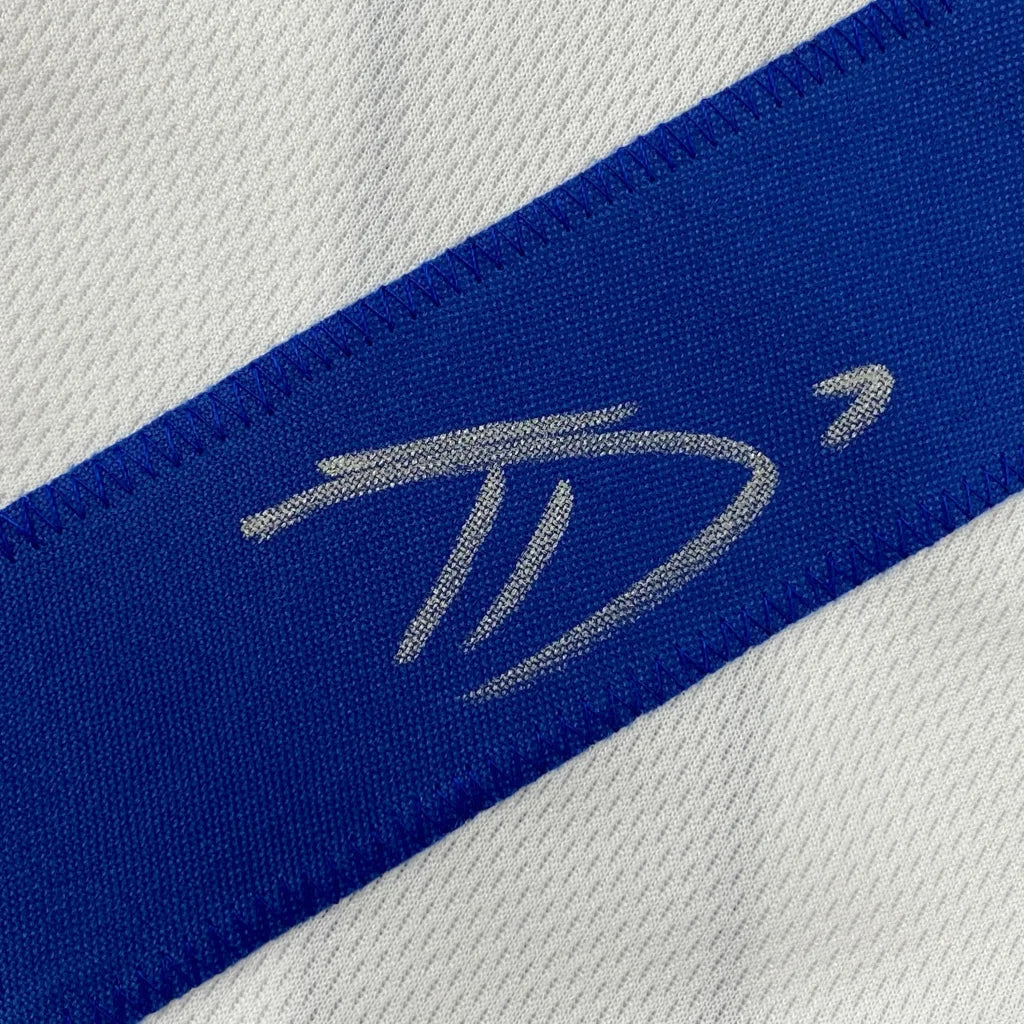 White and blue custom jersey with silver logo from Professional Sports League