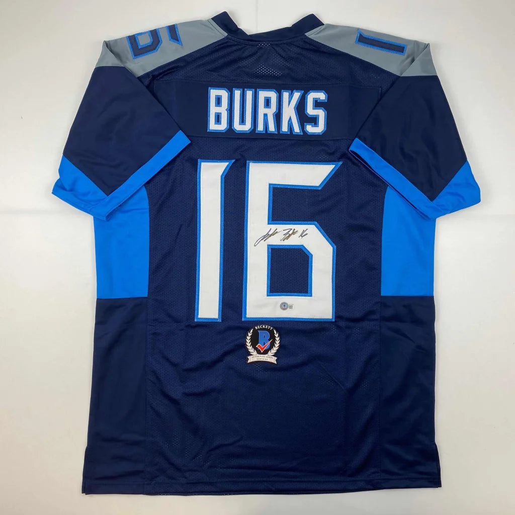 Navy blue custom jersey with light blue gray accents autographed for professional sports league
