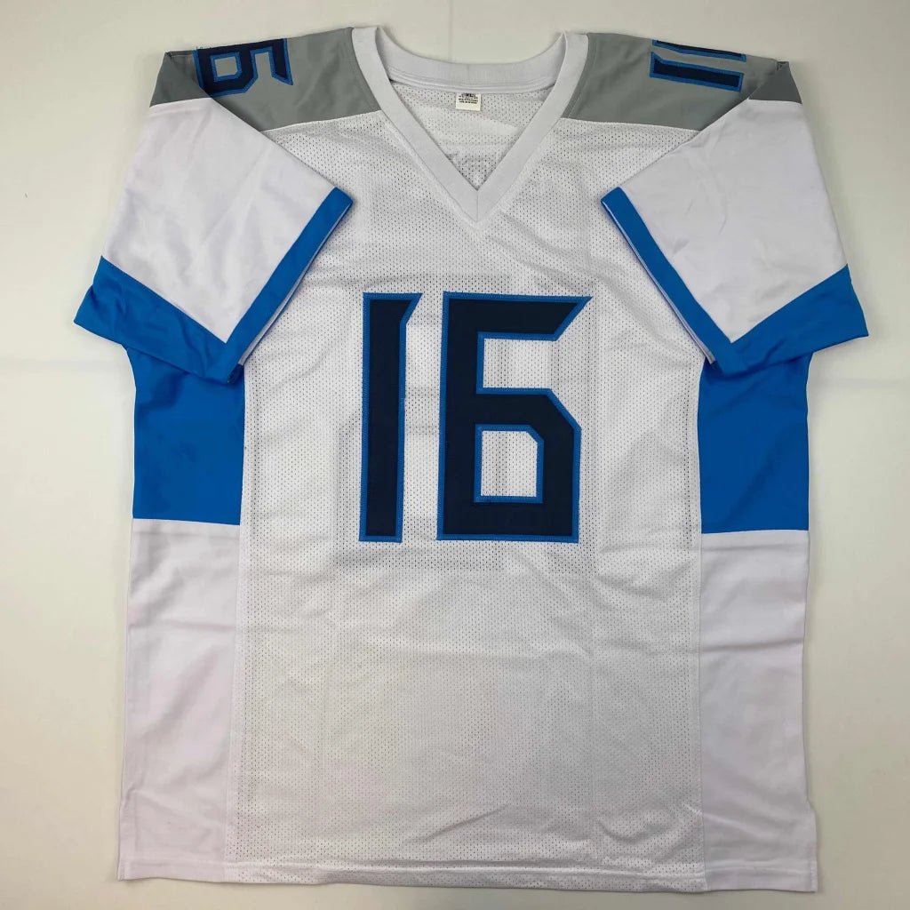 White custom jersey with blue gray accents and number 16 for professional sports fans