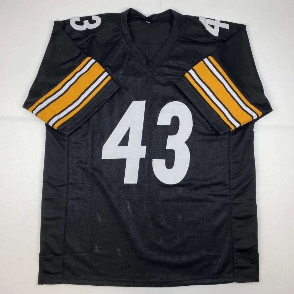 Black custom jersey with 43 and yellow white striped sleeves from professional sports league