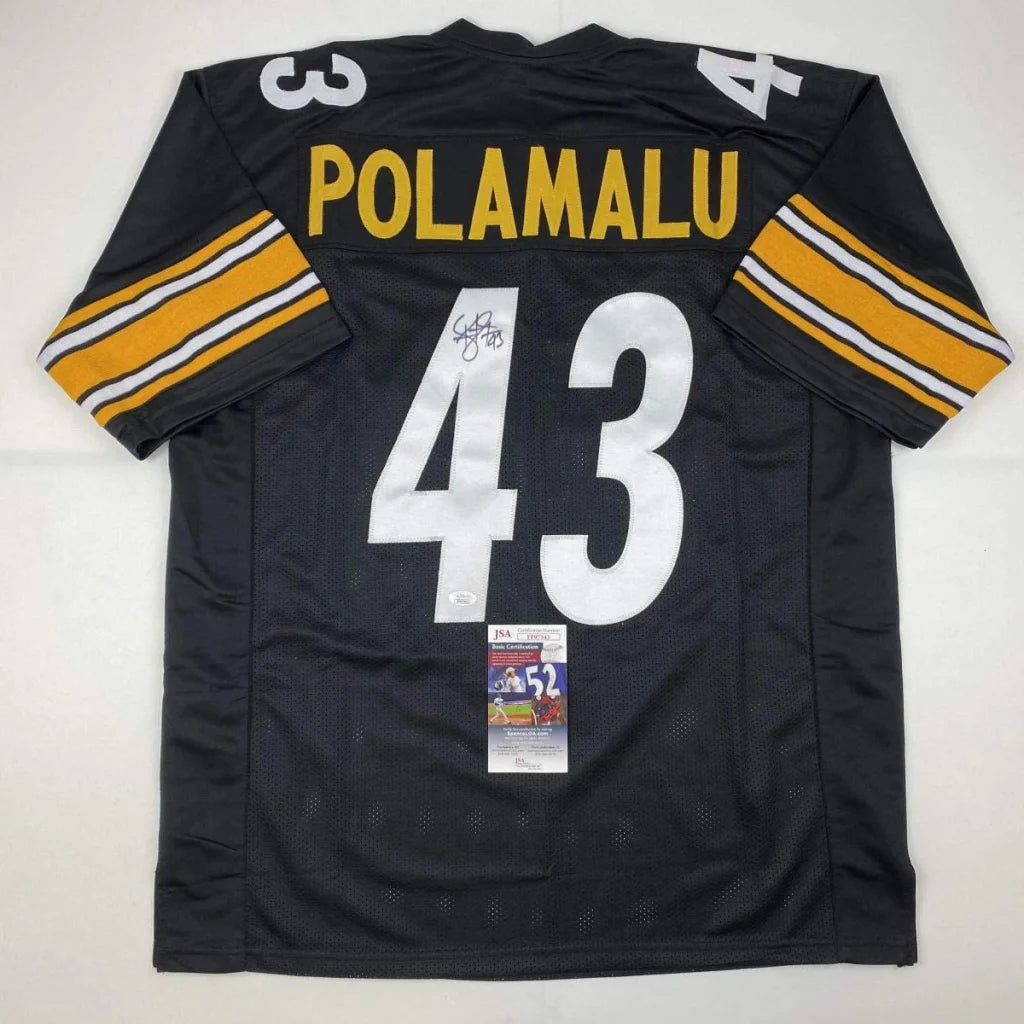 Autographed Troy Polamalu black Pittsburgh Steelers custom jersey with gold sleeves
