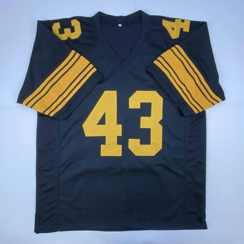 Black American football jersey with gold 43 number and stripes for authentic professional sports gear