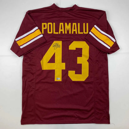 Maroon custom jersey with POLAMALU 43, yellow and white stripes, black autograph, for professional sports fans