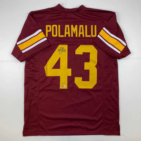 Maroon custom jersey with POLAMALU 43, yellow and white stripes, black autograph, for professional sports fans