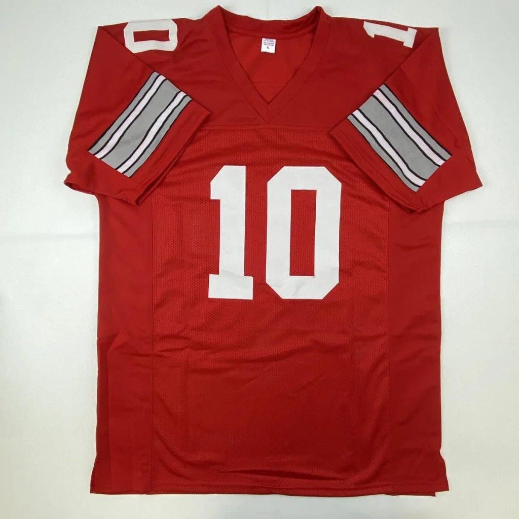 Autographed Troy Smith Heisman 2006 Ohio State red custom jersey with white number 10