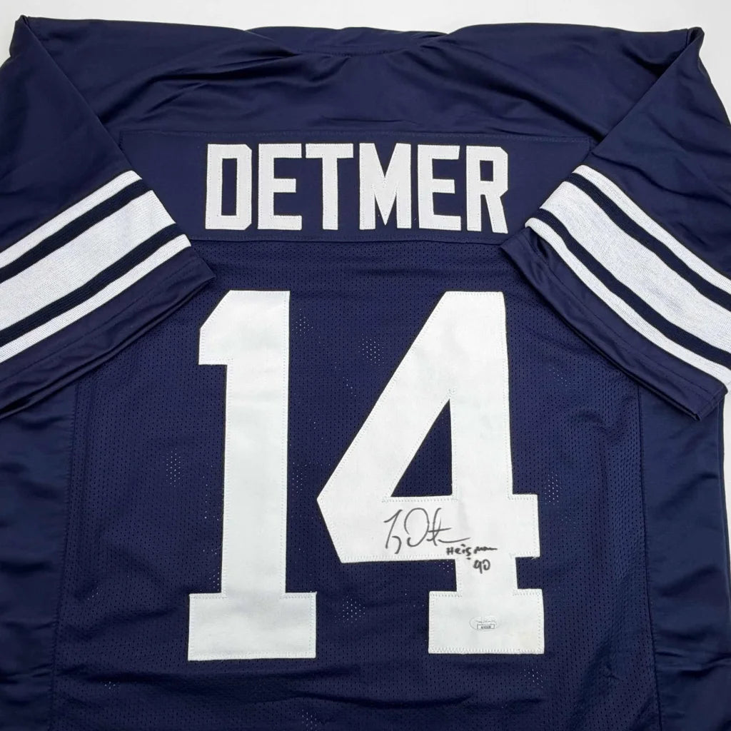 Autographed Ty Detmer Heisman 90 Brigham Young BYU Blue College Football Jersey JSA COA | Certified Authentic Signed Memorabilia | vintageantiquesgifts.com