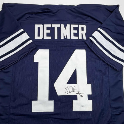 Autographed Ty Detmer Heisman 90 Brigham Young BYU Blue College Football Jersey JSA COA | Certified Authentic Signed Memorabilia | vintageantiquesgifts.com