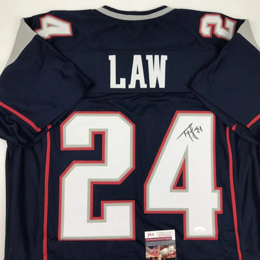 Autographed Ty Law navy blue New England Patriots custom jersey with name Law above number 24, JSA COA