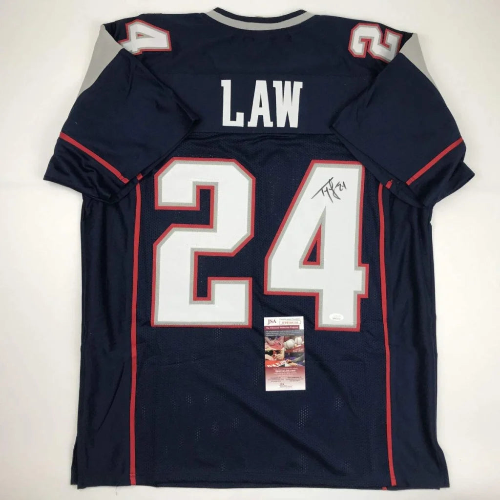 Autographed Ty Law navy blue New England Patriots custom jersey with 24, JSA COA