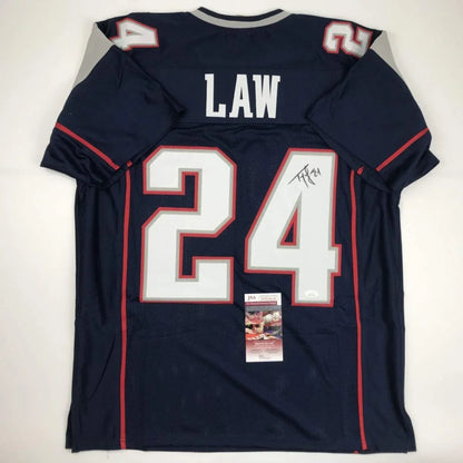 Autographed Ty Law navy blue New England Patriots custom jersey with 24, JSA COA