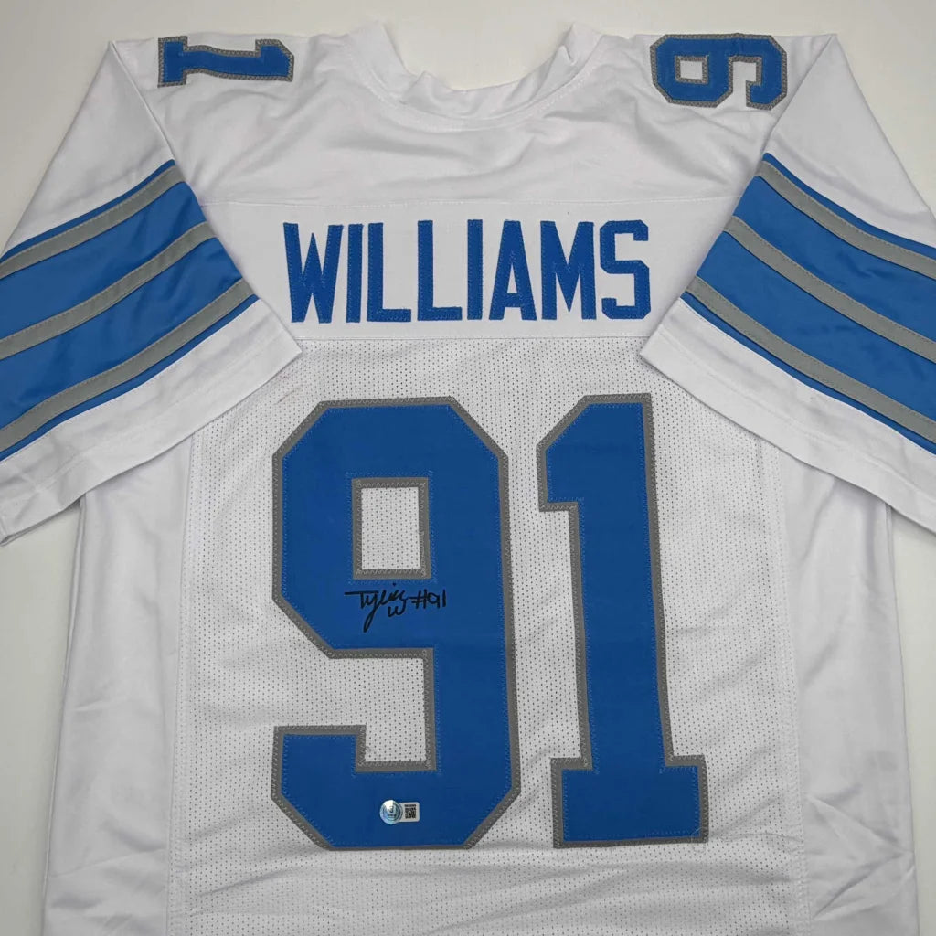 Autographed Tyleik Williams Detroit White Football Jersey Beckett BAS COA | Certified Authentic Signed Memorabilia | vintageantiquesgifts.com