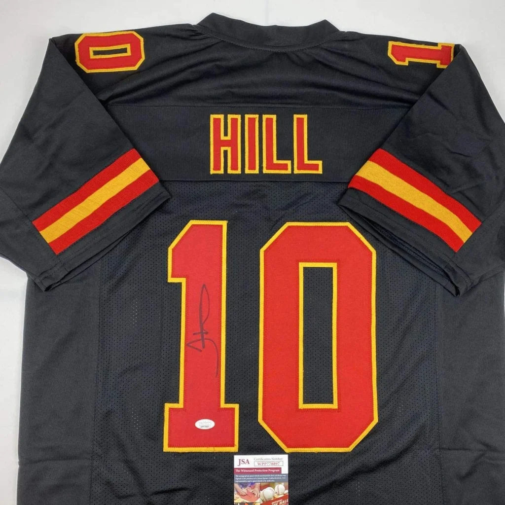 Autographed tyreek hill kansas city black football custom jersey with red and yellow numerals for professional sports league fans