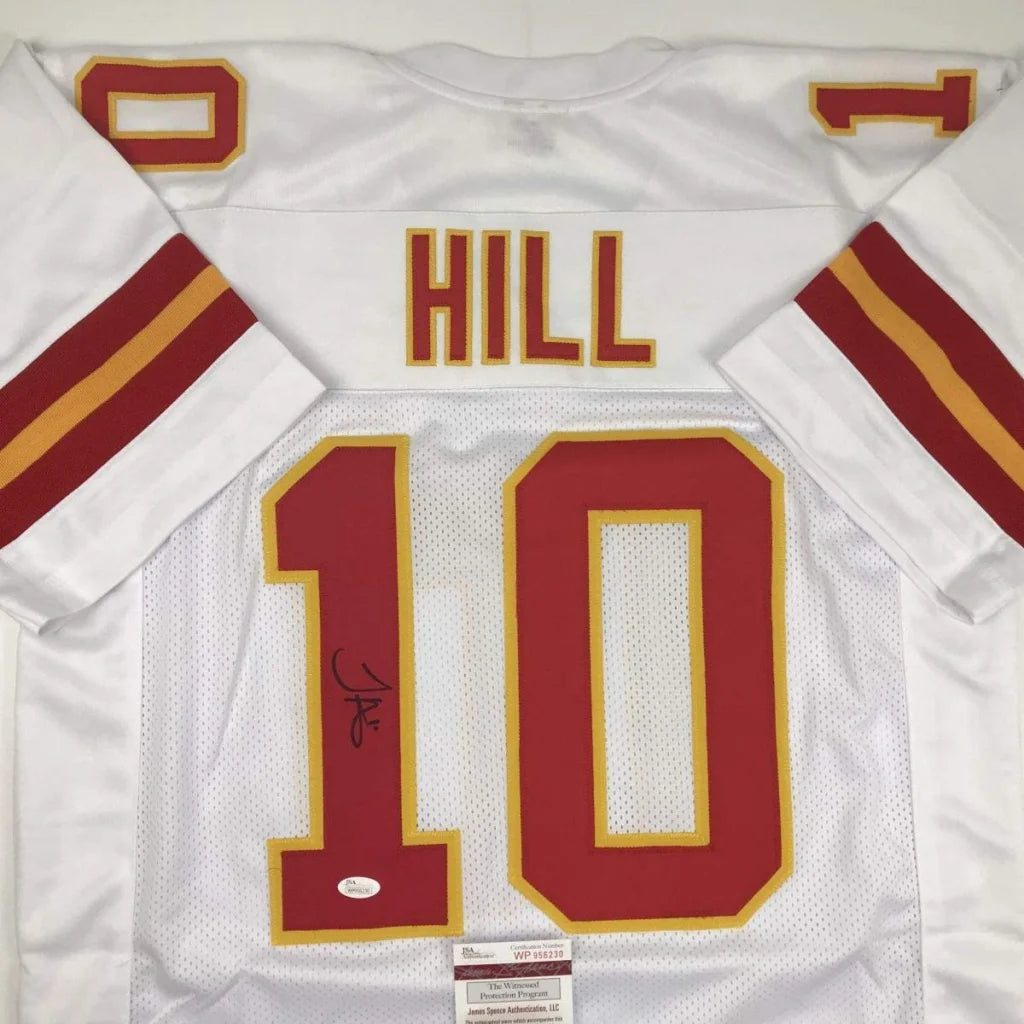 White kansas city football jersey signed by tyreek hill with red and gold lettering custom jersey for professional sports league