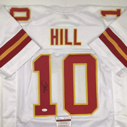 White kansas city football jersey signed by tyreek hill with red and gold lettering custom jersey for professional sports league