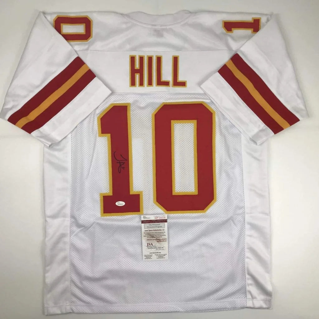 Back of white kansas city football jersey with red and gold hill 10 signed featuring jsa coa custom jersey professional sports