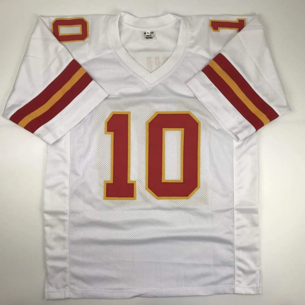Autographed Tyreek Hill Kansas City white football custom jersey with red and gold number 10 and matching sleeve stripes for professional sports league fans