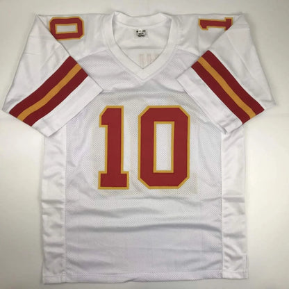 Autographed Tyreek Hill Kansas City white football custom jersey with red and gold number 10 and matching sleeve stripes for professional sports league fans