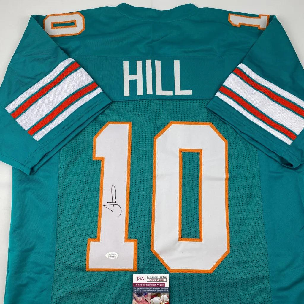 Autographed Tyreek Hill Miami Retro Teal Football Jersey JSA COA | Certified Authentic Signed Memorabilia | vintageantiquesgifts.com