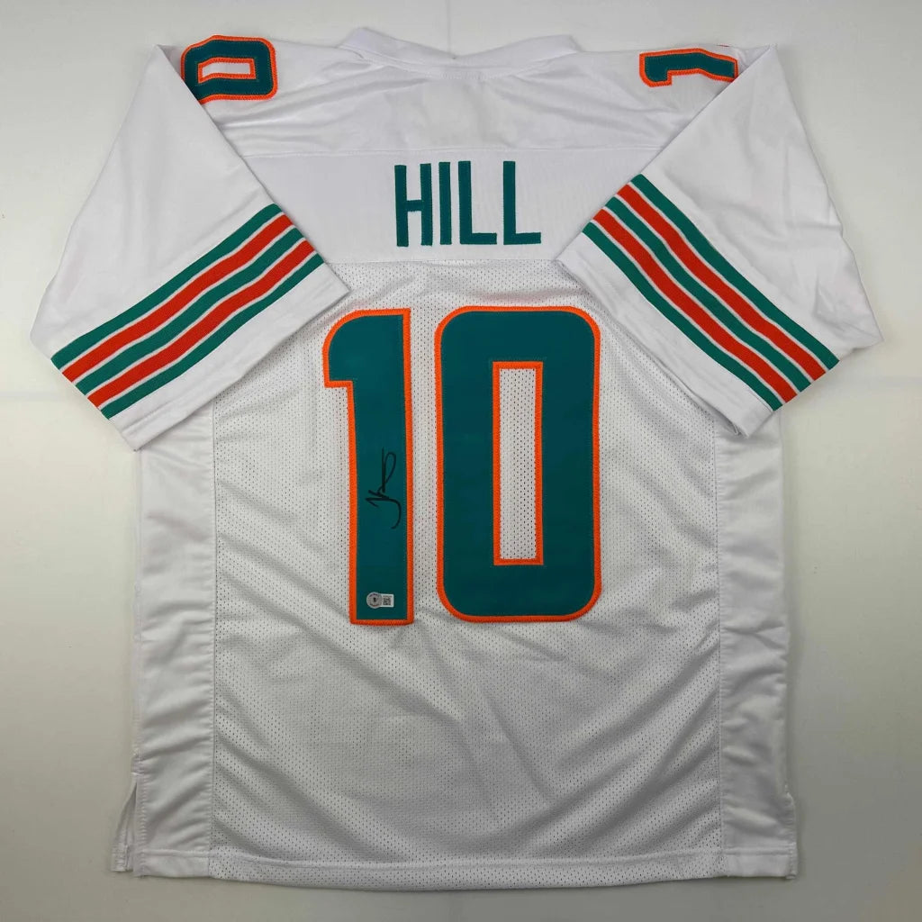 Autographed Tyreek Hill Miami Dolphins white custom jersey with teal orange details, Beckett COA