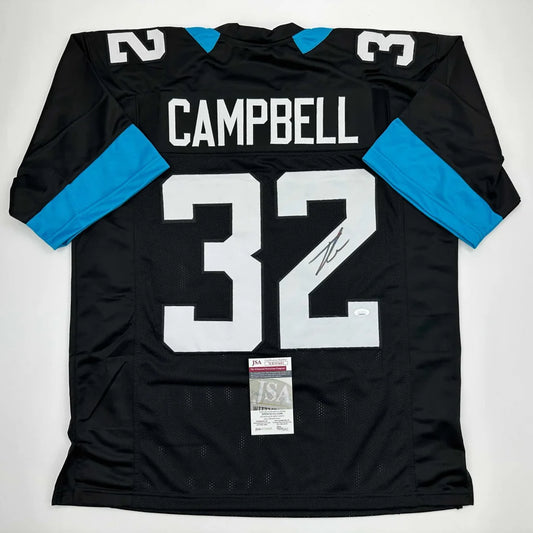 Signed black NFL custom jersey with CAMPBELL 32 and blue accents for professional sports fans