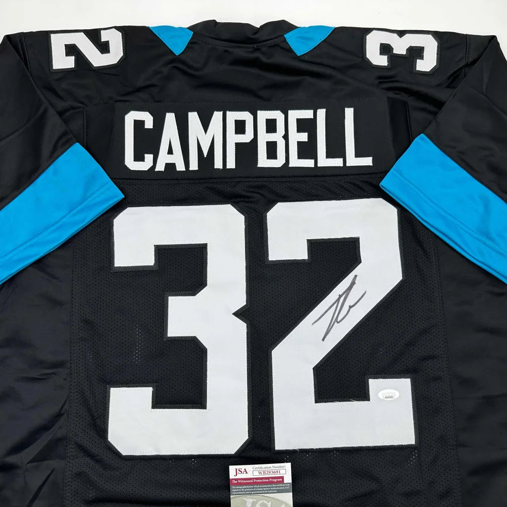Signed Black Carolina Panthers jersey with CAMPBELL 32, a pro sports league collectible