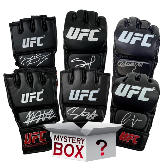 Autographed black UFC MMA gloves with white logos and PSA COA