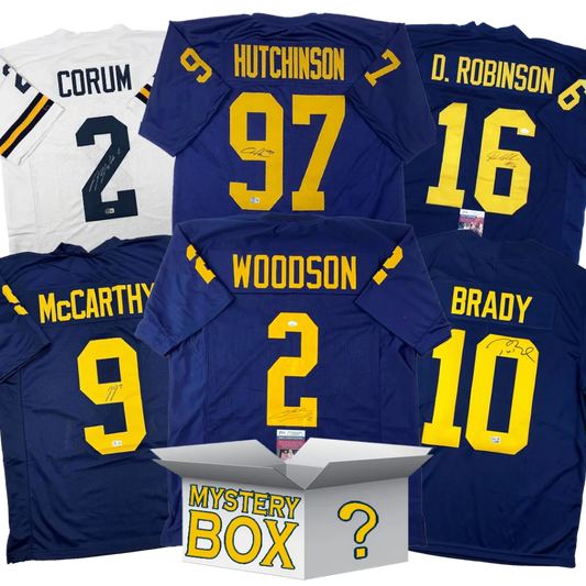 Autographed University of Michigan College Football Jersey Mystery Box with PSA JSA or Beckett COA | Hall of Fame Sports Memorabilia | vintageantiquesgifts.com