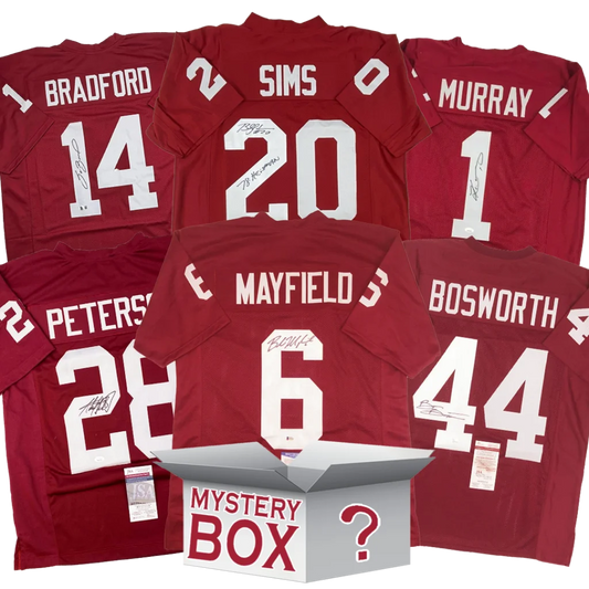 Autographed University of Oklahoma College Football Jersey Mystery Box with PSA JSA or Beckett COA | Hall of Fame Sports Memorabilia | vintageantiquesgifts.com