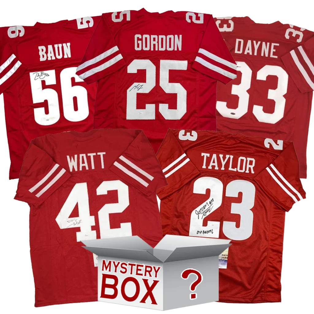 Back of autographed red University of Wisconsin football jersey with white numbers, names, signatures, and COA