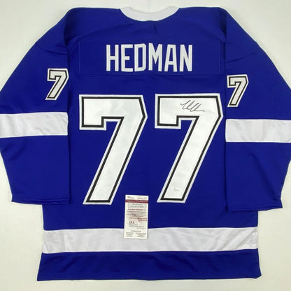 Blue authentic Hedman 77 custom jersey signed, perfect for professional sports fans