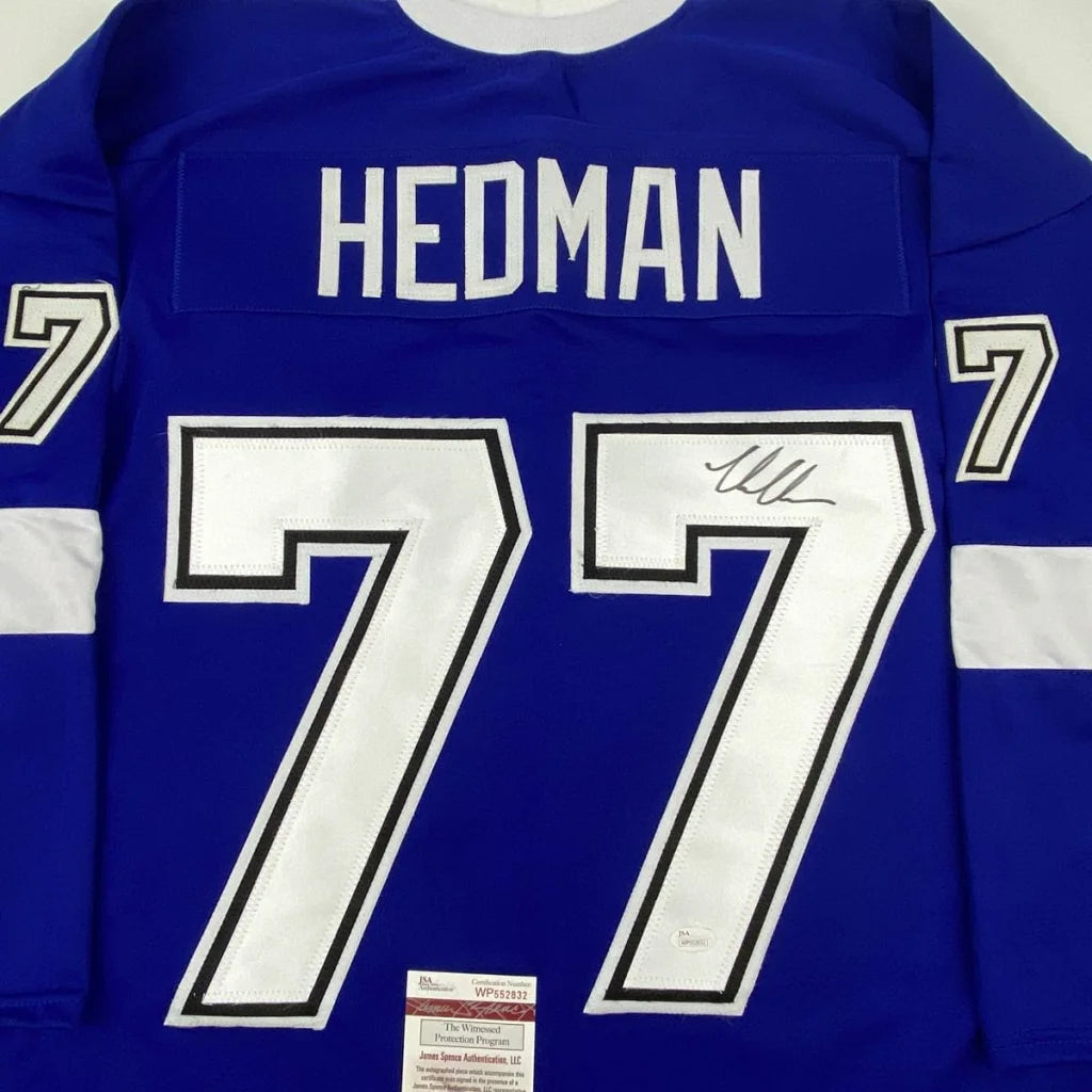 Blue Hedman 77 custom jersey with autograph, perfect for professional sports fans
