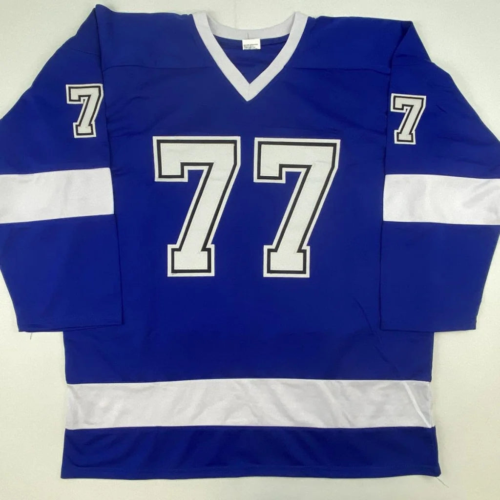 Blue and white long-sleeved custom jersey with number 77 from Authentic Hedman 77 signed professional sports collectible