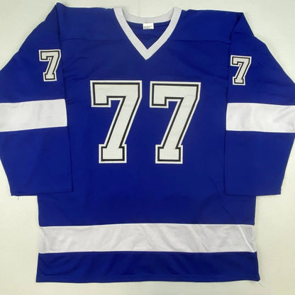 Blue and white long-sleeved custom jersey with number 77 from Authentic Hedman 77 signed professional sports collectible