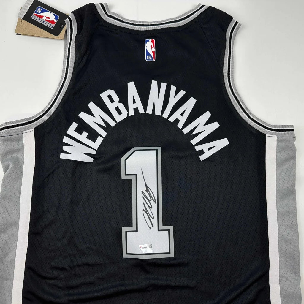 Black and grey Wembanyama signed NBA jersey with third party authentication and autograph