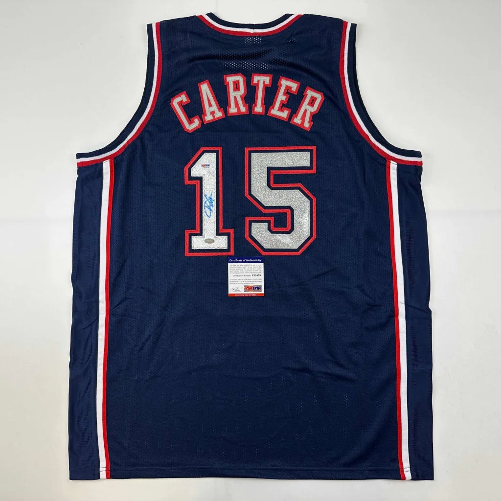 Autographed Vince Carter custom jersey back, navy blue with Carter 15 glitter
