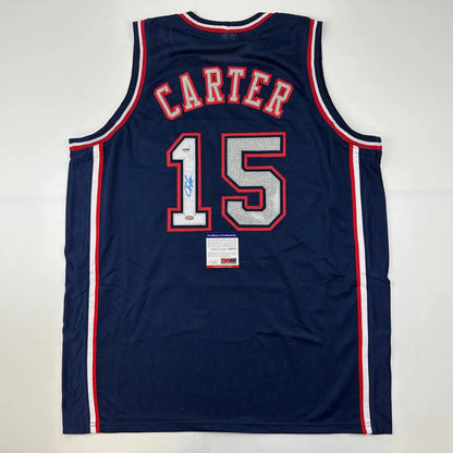 Autographed Vince Carter custom jersey back, navy blue with Carter 15 glitter