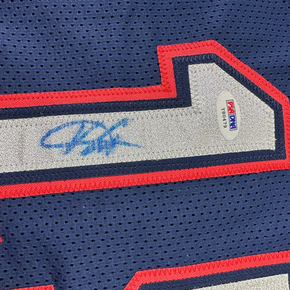 Autographed Vince Carter custom jersey in navy blue with red mesh, silver stripe, PSA/DNA COA