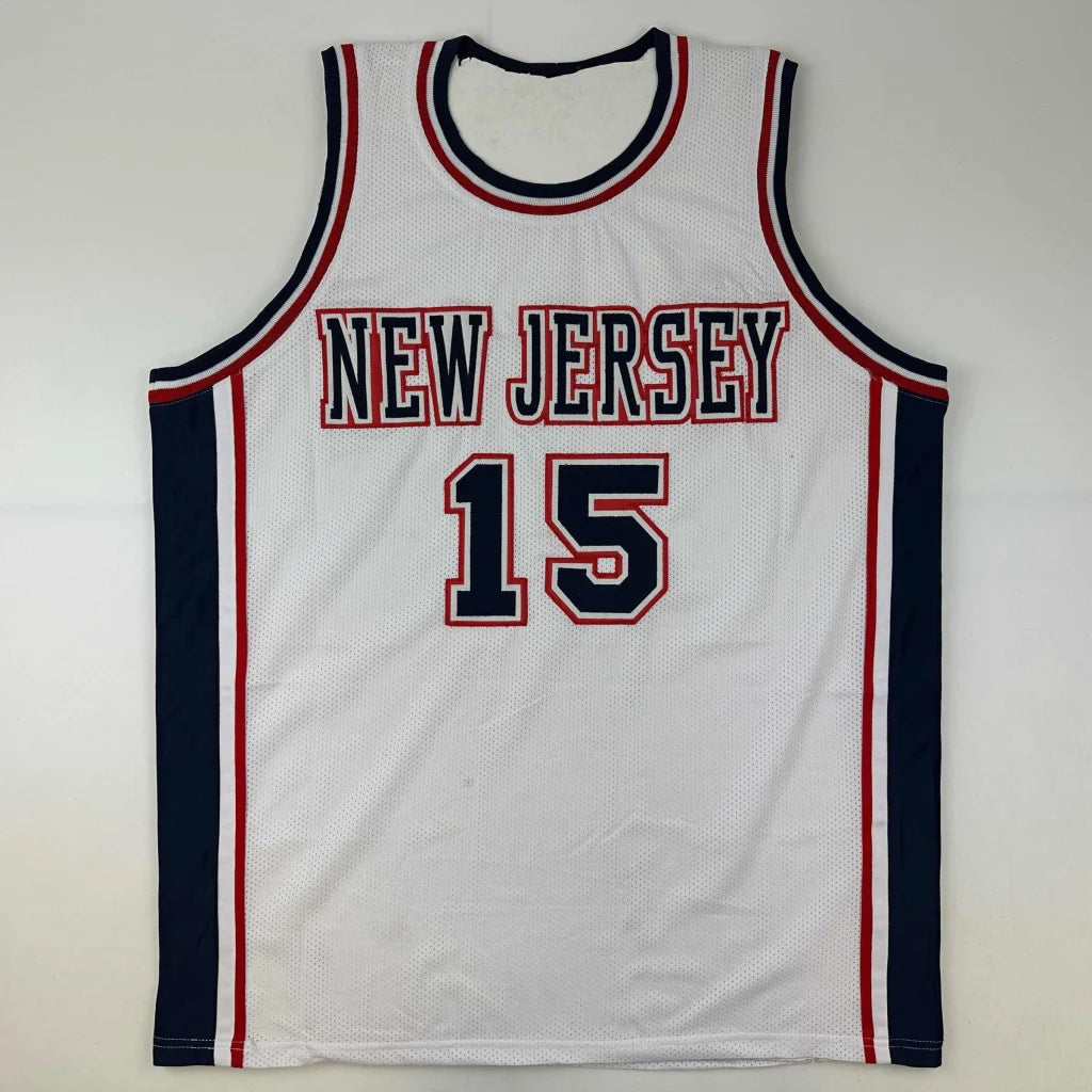 White mesh basketball jersey with navy and red trim from Authentic CARTER 15 custom jersey for professional sports