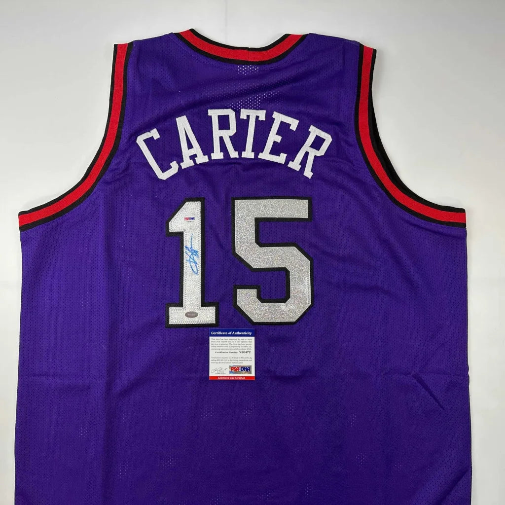 Vince Carter Toronto custom jersey with PSA DNA autograph, purple with silver Carter name