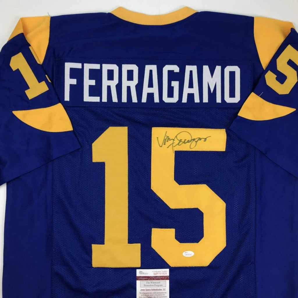 Blue and gold autographed football jersey from a professional sports league, custom jersey