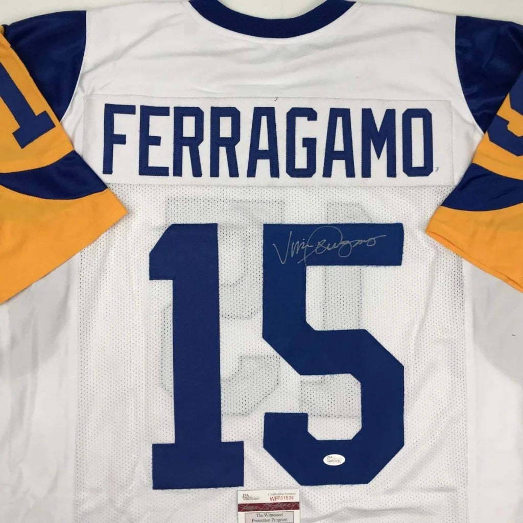 White football jersey with blue trim and autograph, authentic professional sports league custom jersey
