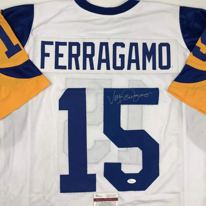 White football jersey with blue trim and autograph, authentic professional sports league custom jersey