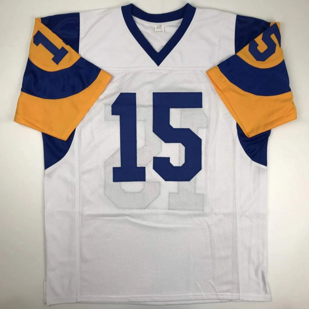 White and blue short-sleeved custom jersey with gold accents for professional sports league