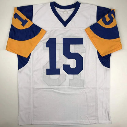 White and blue short-sleeved custom jersey with gold accents for professional sports league