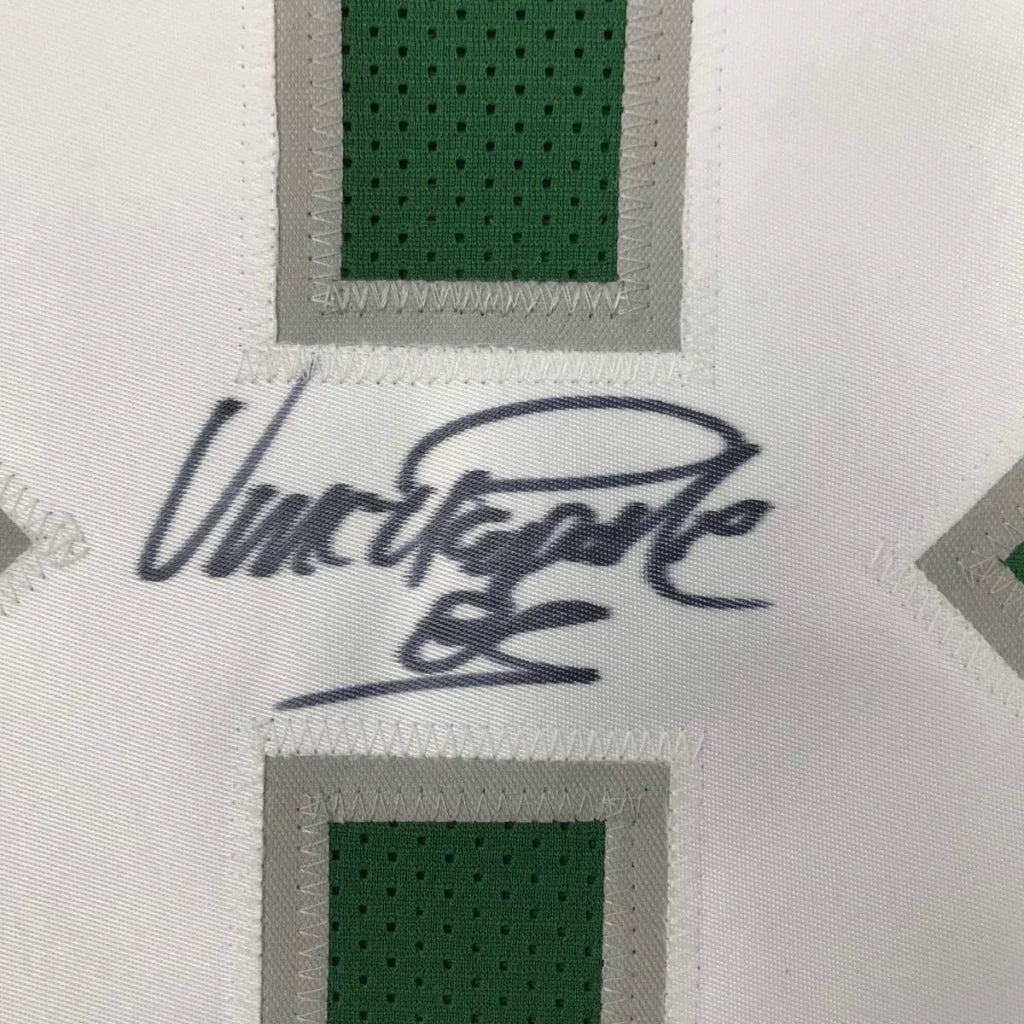 Autographed Vince Papale Philadelphia Eagles custom jersey in white and green with black signature, JSA COA